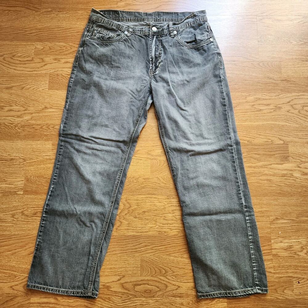 TK Axel Jeans Mens Sz 36x32 Gray Relaxed Straight Embroidered Pockets Faded READ